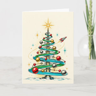 Retro-Atom-Weltraum-Weihnachtsbaum-Raketen-Schiff Feiertagskarte