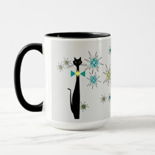 Retro Atoma Ära Cool Cat & Stars Gray Mitte Jahrhu Tasse