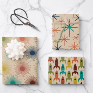 Retro Atomage Mitteljahrhundert Mod Suns Stars Roc Geschenkpapier Set