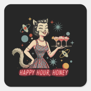 Retro Atombombe Cat Pin-Up   "Happy Hour, Honey" M Quadratischer Aufkleber