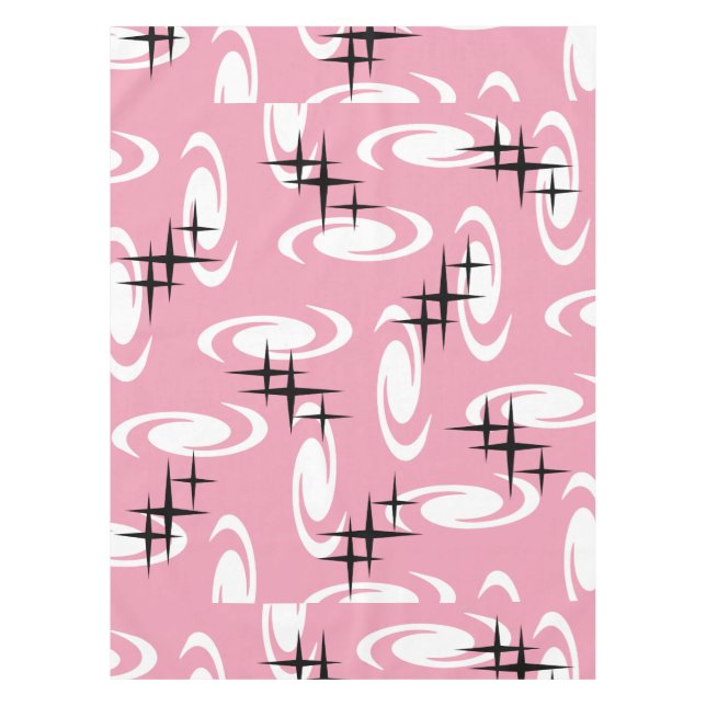 Retro Atomic Age Swirls Stars Pattern Pink Tischdecke (Vorderseite)