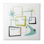 Retro Atomic Ära Stars Boomerang Mitte Jahrhundert Fliese<br><div class="desc">Fügen Sie Ihren Küchen oder Badezimmern diesen lustigen und farbenfrohen Prunk mit dieser fabelhaften atomaren Epoche der modernen Keramik Mitte des Jahrhunderts hinzu. Dieses Design bietet abstrakte Quadrate,  Sternexplosionen und einen Bumerang in den Farben Avocado grün,  Aqua blau,  gelb und schwarz...  so funky!</div>