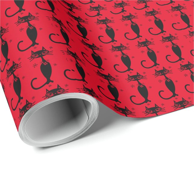 RETRO ATOMIC BLACK CAT CHRISTMAS WRAPPPAPIER GESCHENKPAPIER (Rolleneckpunkt)