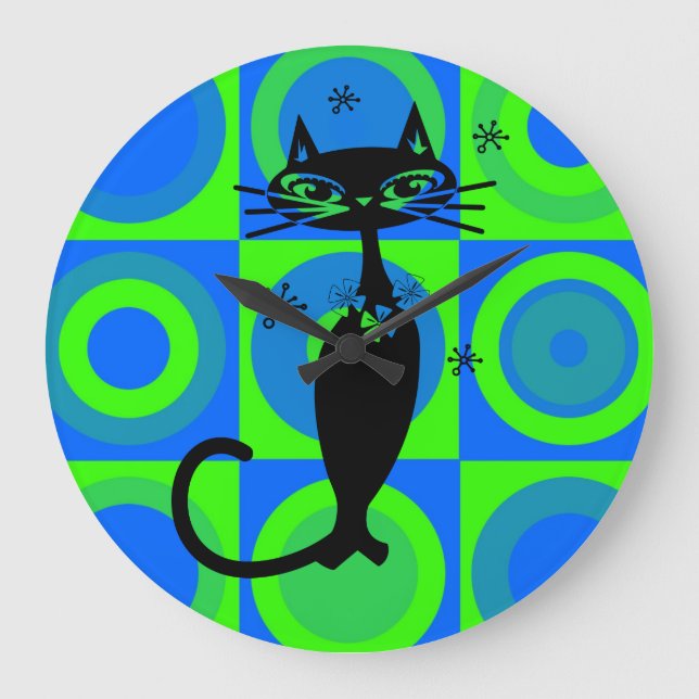 RETRO ATOMIC BLACK CAT CLOCK GROßE WANDUHR (Vorderseite)