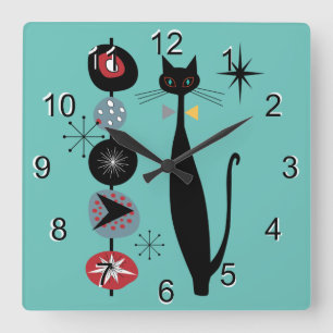 Retro Atomic Era Mid Century Modern MCM Cool Cat 3 Quadratische Wanduhr
