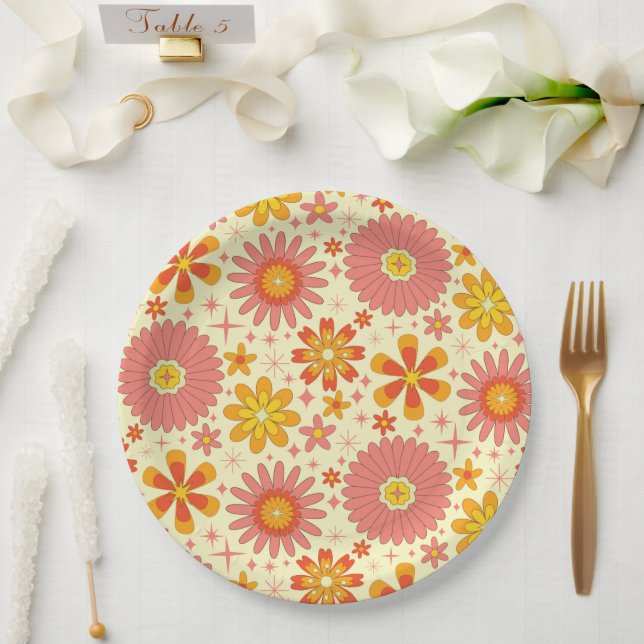 Retro atomic flowers with starbursts birthday  pappteller (Hochzeit)