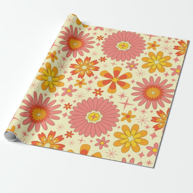 Retro atomic flowers with starbursts on cream  geschenkpapier (Ungerollt)