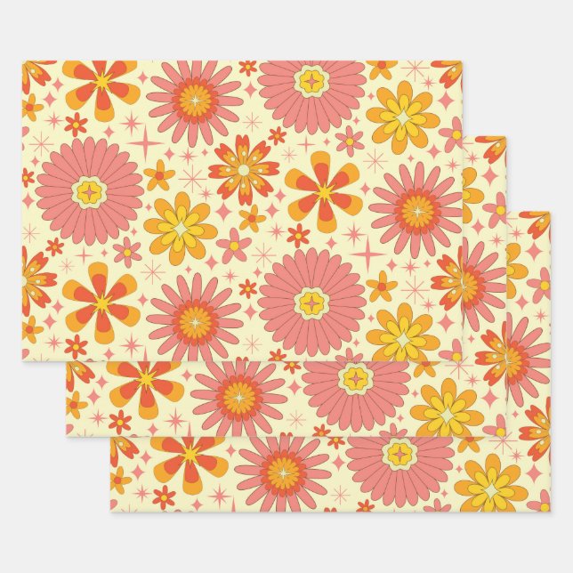 Retro atomic flowers with starbursts on cream  geschenkpapier set (Set)