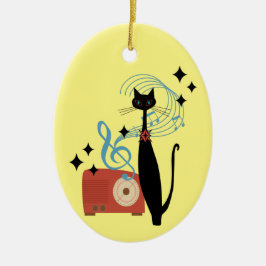 Retro Atomic MCM Coole Katze und Radio Musik Keramik Ornament