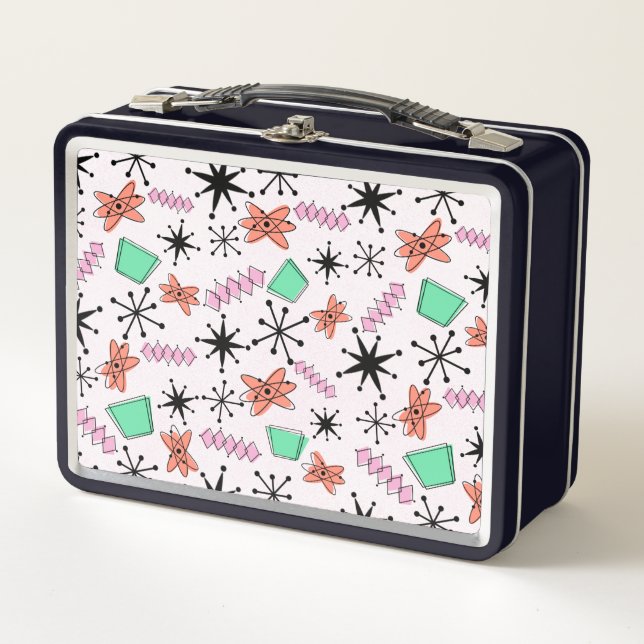 Retro Atomic MCM Rosa Orange Green Black Metall Brotdose (Vorderseite)