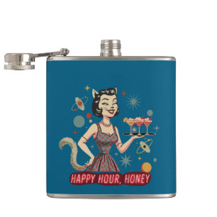 Retro-Atomkatze Pin-Up "Happy Hour, Honey" Mid- Flachmann