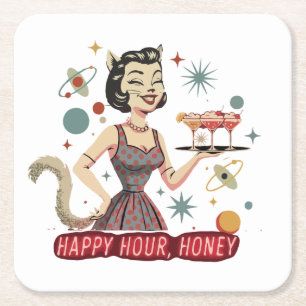 Retro Atomkatze Pin-Up "Happy Hour, Honey" Mid- Rechteckiger Pappuntersetzer