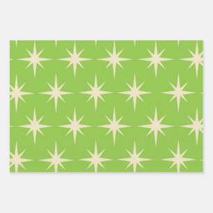 Retro Atomstars Muster auf Kalkgrün Geschenkpapier Set