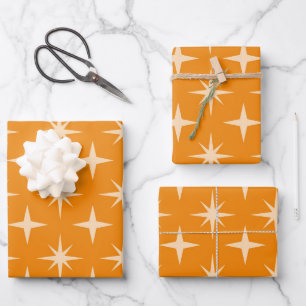 Retro-Atomsterne-Muster auf Orange  Geschenkpapier Set