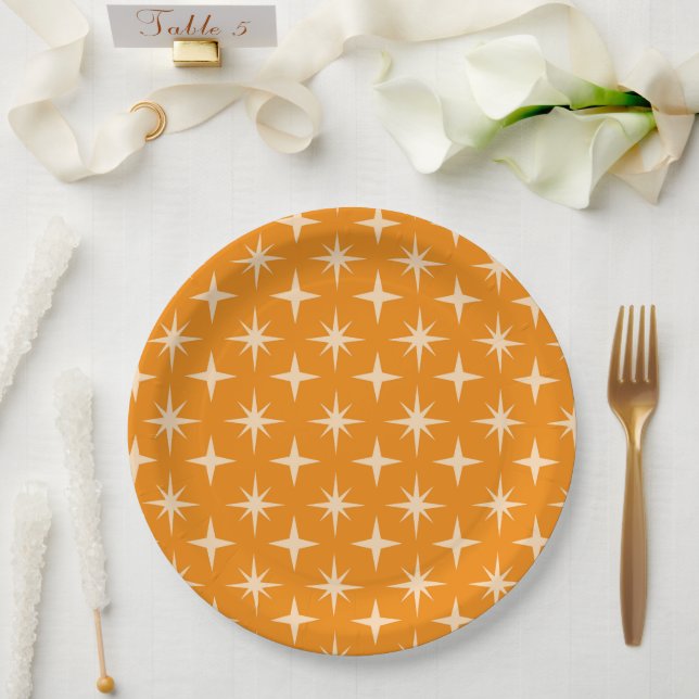 Retro-Atomsterne-Muster auf Orange  Pappteller (Hochzeit)