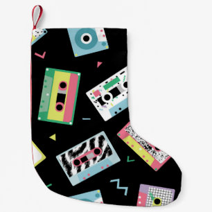 Retro-Audiobänder, 80er-Stil-Muster. Kleiner Weihnachtsstrumpf