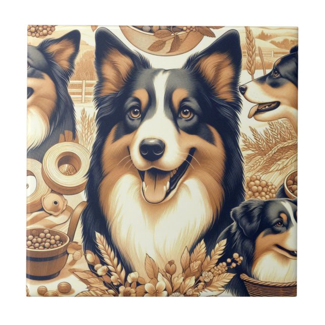 Retro Australian Shepherd Illustration Fliese (Vorderseite)