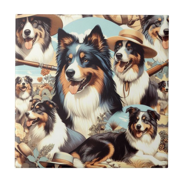 Retro Australian Shepherd Nahtlose Malerei Fliese (Vorderseite)