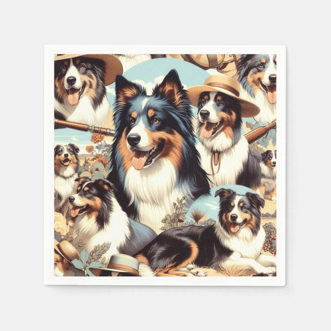 Retro Australian Shepherd Nahtlose Malerei Serviette (Vorderseite)