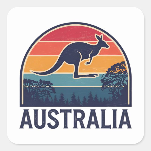 Retro Australian Sunset Animal Jumping Kangaroo Quadratischer Aufkleber (Vorderseite)