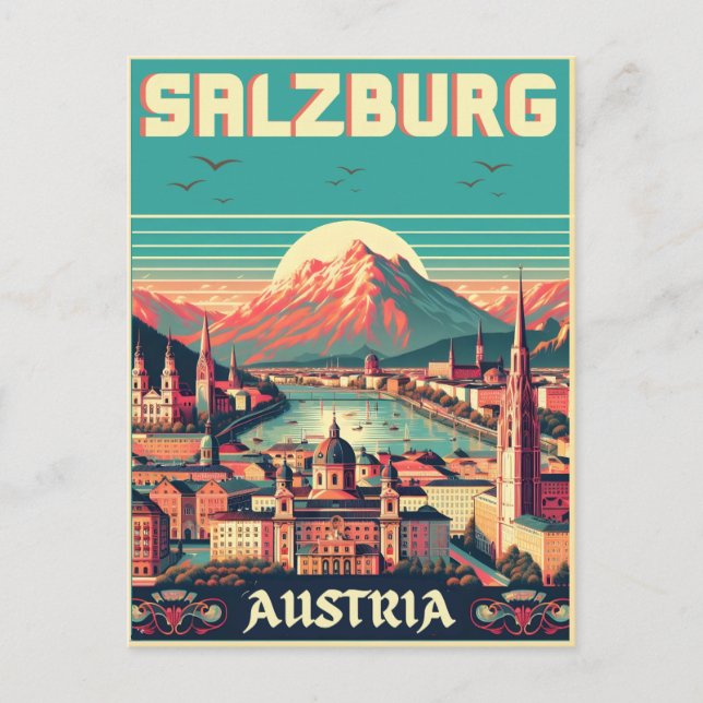 Retro Austria Hauptstadt salzburg skyline Postkarte (Vorderseite)