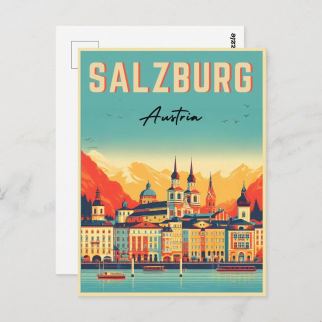 Retro Austria Hauptstadt salzburg skyline Postkarte (Vorne/Hinten)