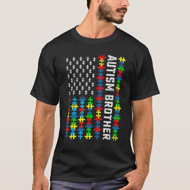 Retro Autism Awareness US Flag Bruder Unterstützun T-Shirt (Vorderseite)