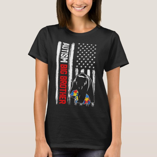 Retro Autism Big Brother Bear American Flag Awaren T-Shirt (Vorderseite)