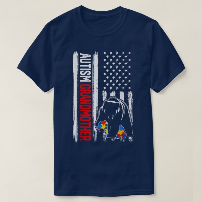 Retro Autism Großmutter Bear American Flag Awaren T-Shirt (Design vorne)