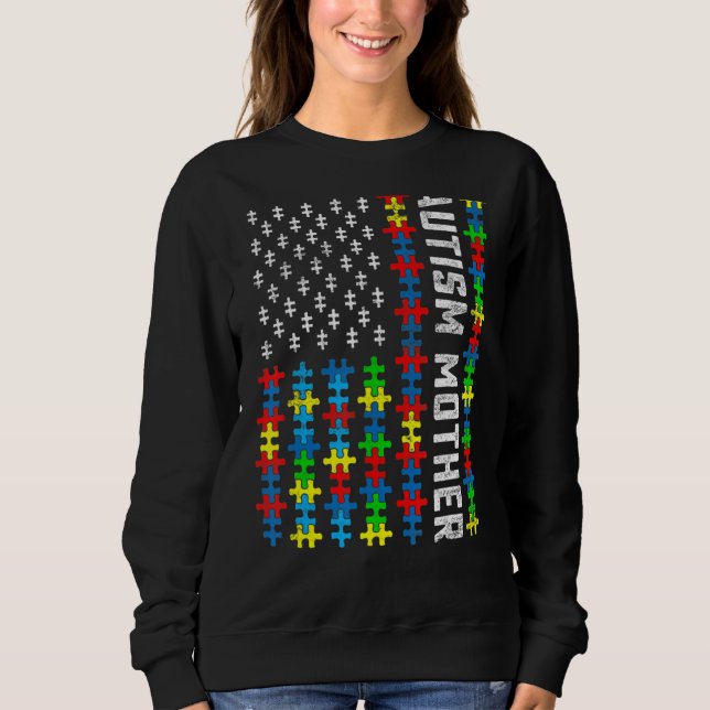 Retro Autismus Bewusstsein USA Flaggen Mutter Supp Sweatshirt (Vorderseite)