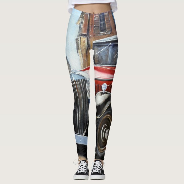 Retro Auto Altstadt Malerei Leggings (Vorderseite)