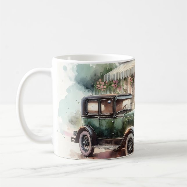 Retro-Auto & blühende Boutique-Szene Kaffeetasse (Links)