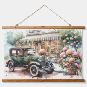 Retro-Auto und blühende Boutique-Szene Wandteppich Mit Holzrahmen