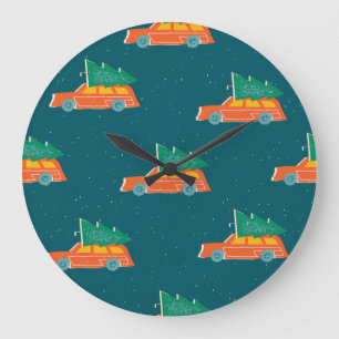 Retro-Auto-Weihnachtsbaum-Muster Große Wanduhr
