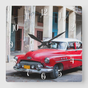 Retro-Autos in der Havanna-Straße Quadratische Wanduhr