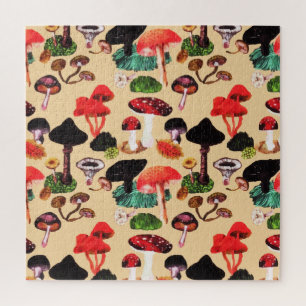 Retro Autumn Woodland Mushroom Watercolor Puzzle