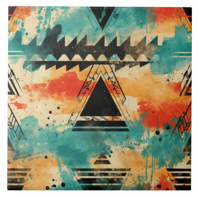 Retro Aztec Muster geometrisch abstrakt orange Fliese (Vorderseite)