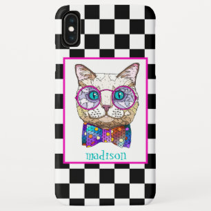 Retro B&W Checkerboard, Hipster Cat, Personalisier Case-Mate iPhone Hülle
