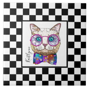 Retro B&W-Checkerboard, Hipster cat, personalisier Fliese