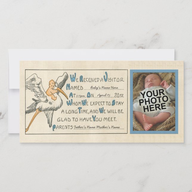 Retro Baby Boy & Stork Partys Geburtsankündigung Ankündigung (Vorderseite)