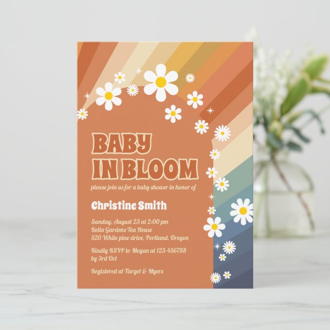 Retro Baby in Bloom Daisy Rainbow Baby Dusche Einladung (Stehend Vorderseite)