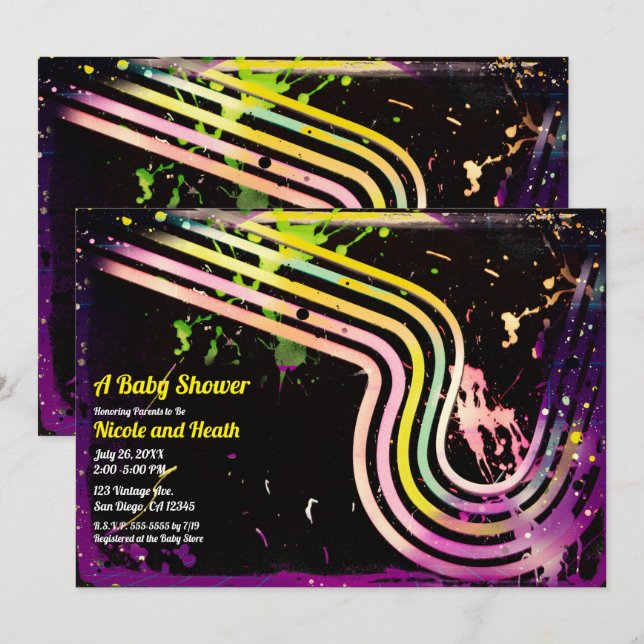 Retro Babydusche im Grunge Color Spritzer der 80er Einladung (Vorne/Hinten)