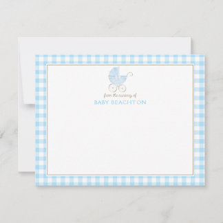 Retro-Babytrage Blau Gingham Notizkarten Einladung