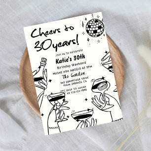 Retro Back White Hand Drawn Funky 30. Geburtstag Einladung