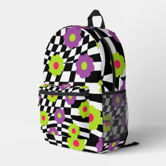 Retro Backpack with Checkers and Flowers Bedruckter Rucksack