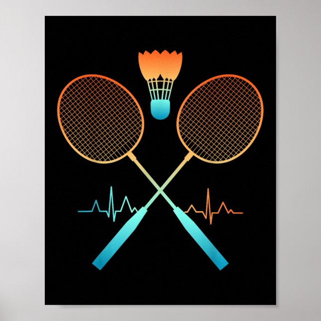 Retro Badminton With Shuttle Heartbeat Ecg  Poster (Vorne)