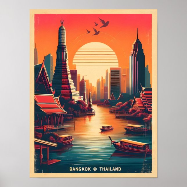 Retro Bangkok City skyline - Thailand Reisegeschen Poster (Vorne)