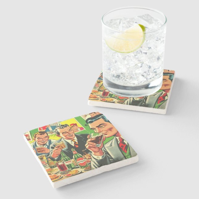 Retro Bar Drinks Comic Illustration Steinuntersetzer (Seitenansicht)