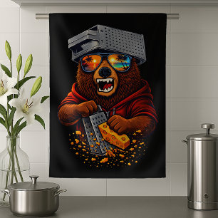 Retro-Bär mit Käsehobel-Hut und Sonnenbrille Geschirrtuch