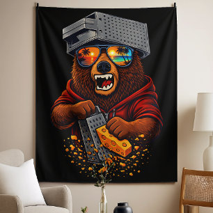 Retro-Bär mit Käsehobel-Hut und Sonnenbrille Wandteppich